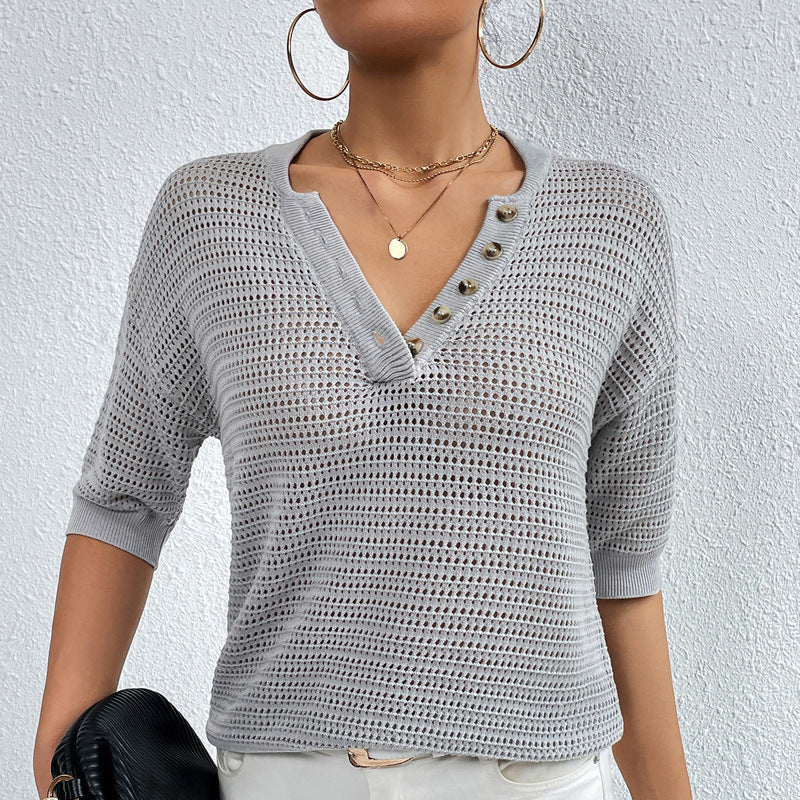 V-neck Hollow Knitwear Women's Clothing