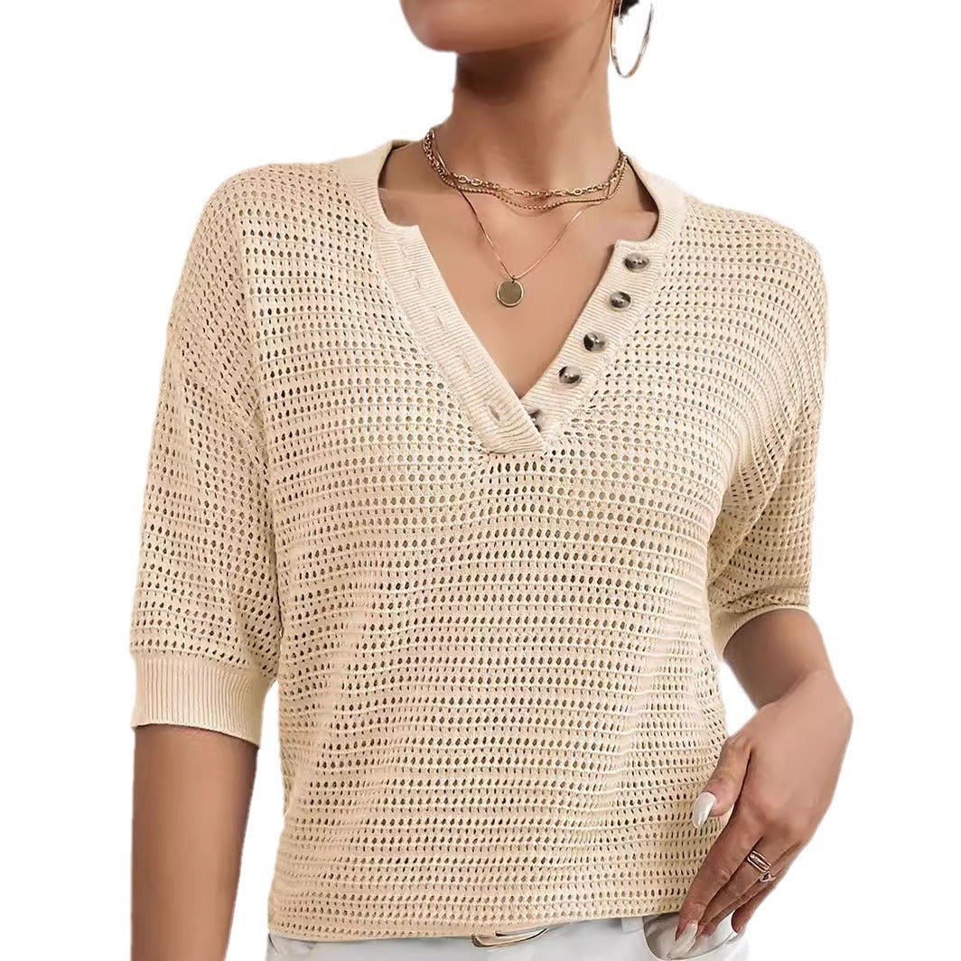 V-neck Hollow Knitwear Women's Clothing